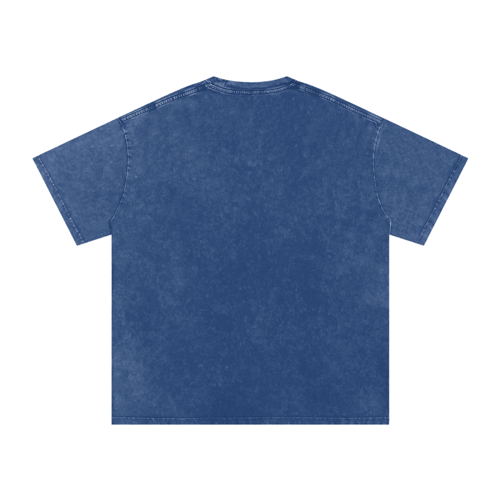 FETISHISTO blue snow washed oversized t-shirt laid flat showing back side with short sleeves