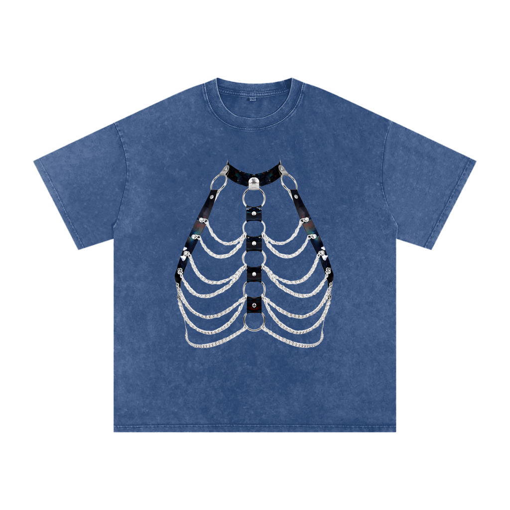 FETISHISTO snow washed oversized t-shirt in blue with a black and silver chain harness design