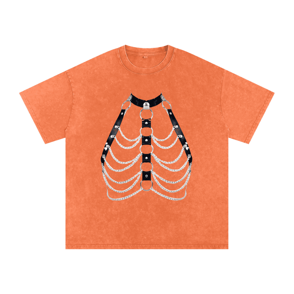 FETISHISTO orange snow washed oversized t-shirt with black strap and chain rib cage graphic