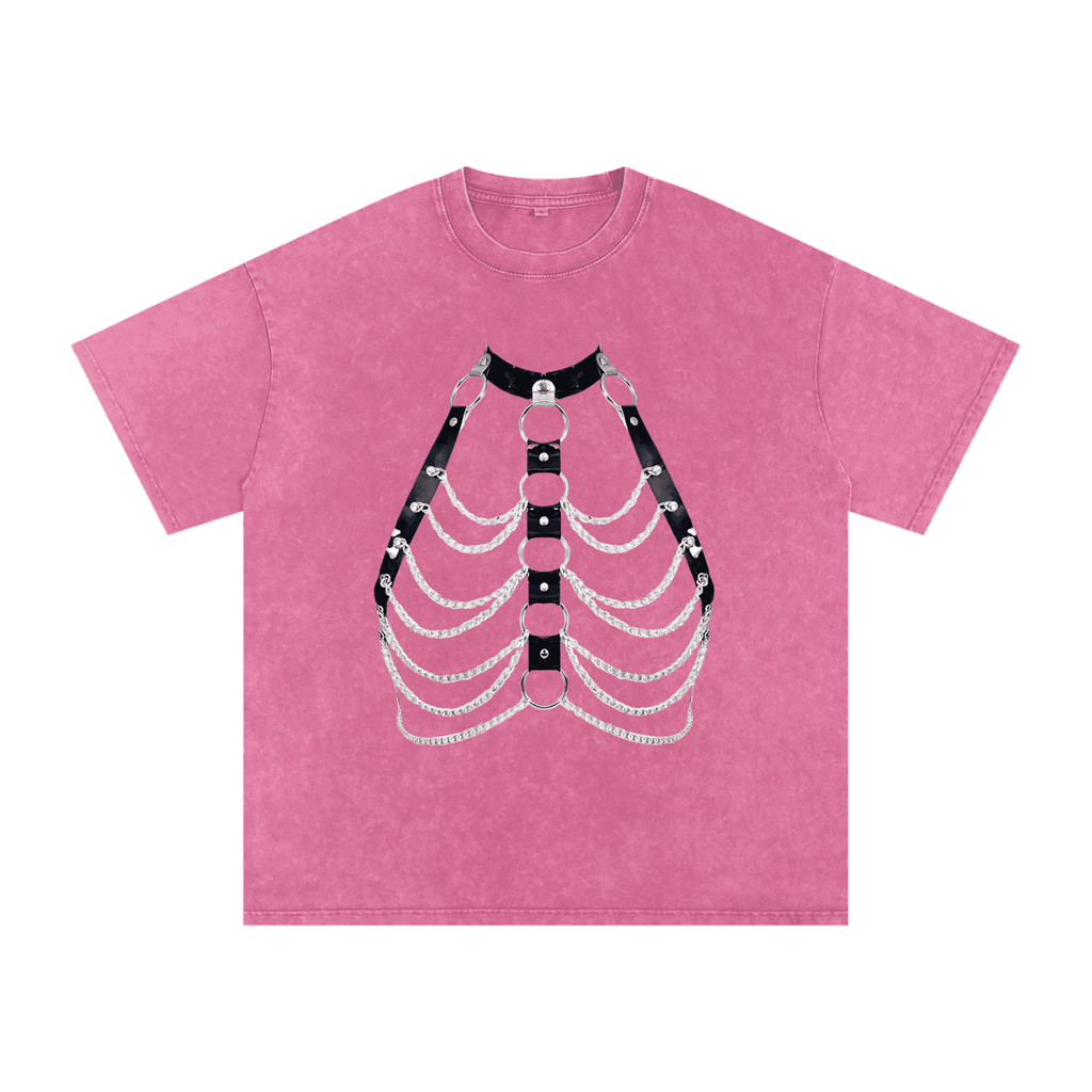 FETISHISTO pink snow washed oversized t-shirt with black and silver chain harness design