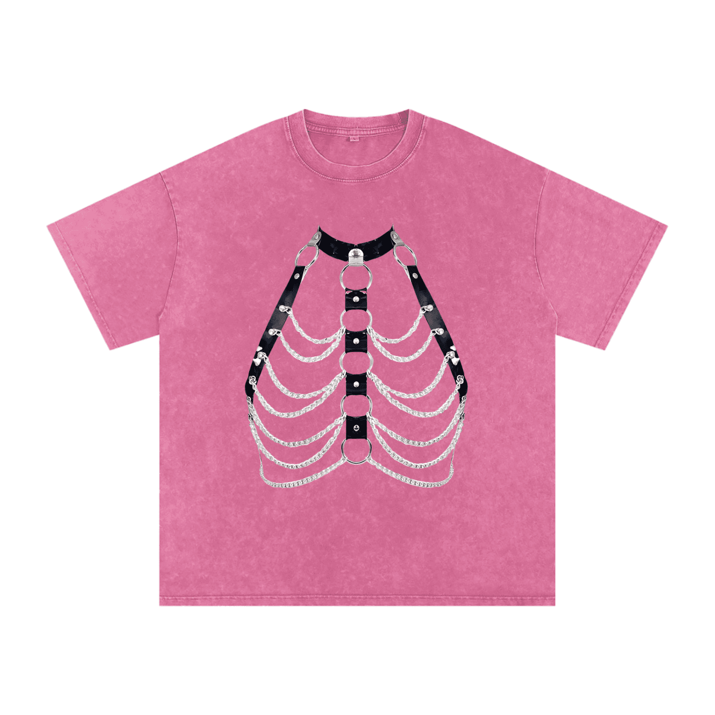 FETISHISTO pink snow washed oversized t-shirt with black and silver chain harness design