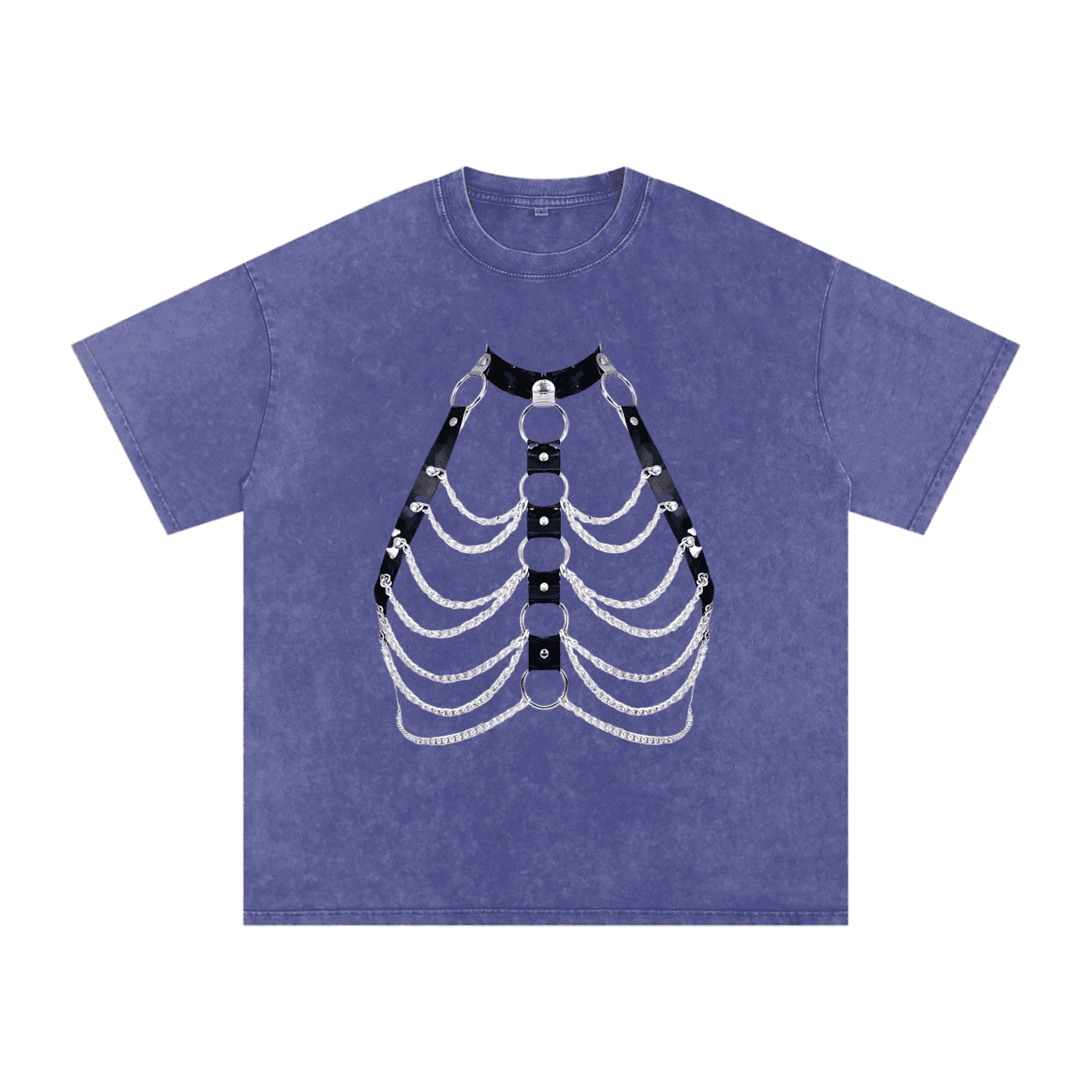 FETISHISTO snow washed oversized t-shirt in purple with ribcage chain harness graphic design