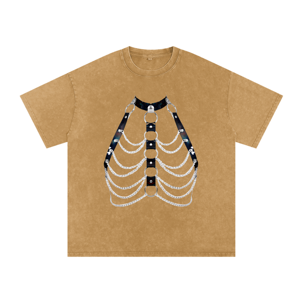 FETISHISTO snow washed oversized t-shirt in brown with black harness and silver chain design