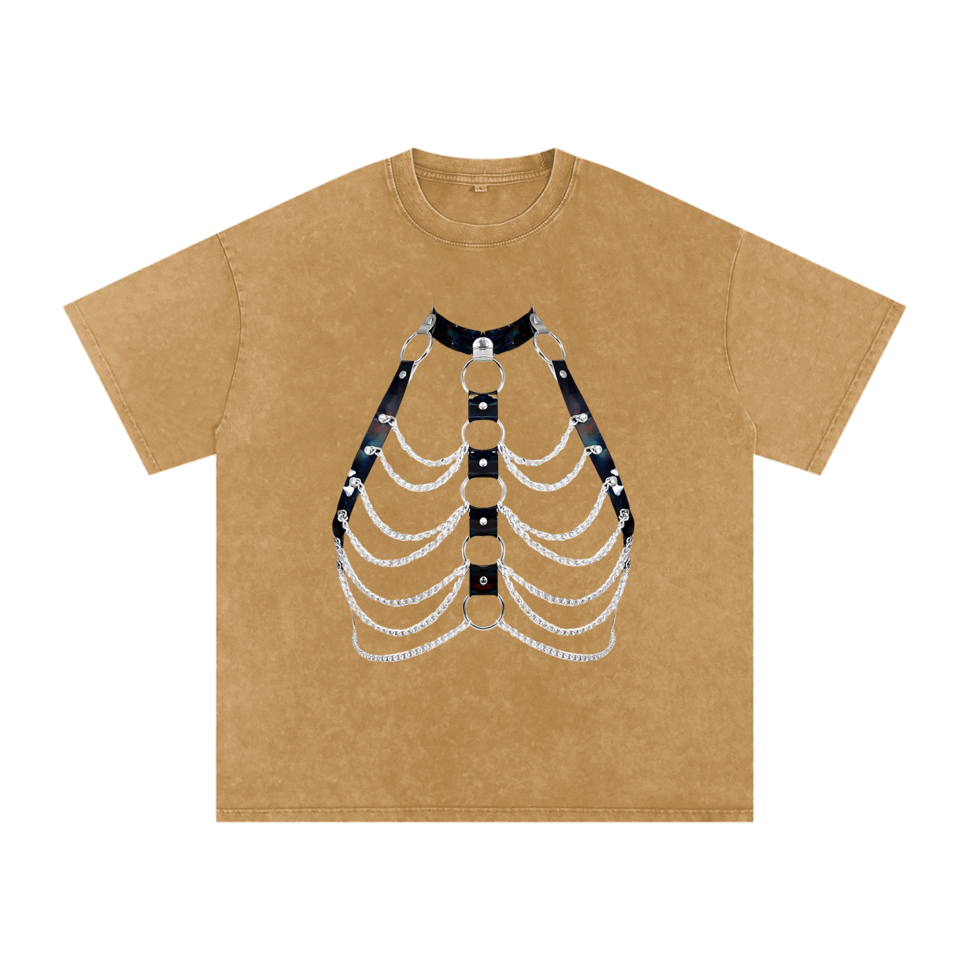 FETISHISTO snow washed oversized t-shirt in brown with black harness and silver chain design