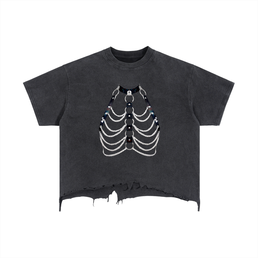 FETISHISTO vintage wash boxy t-shirt in black with rib cage design and distressed hem