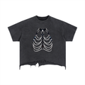 FETISHISTO vintage wash boxy t-shirt in black with rib cage design and distressed hem
