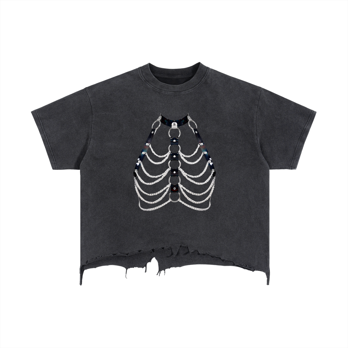 FETISHISTO vintage wash boxy t-shirt in black with rib cage design and distressed hem