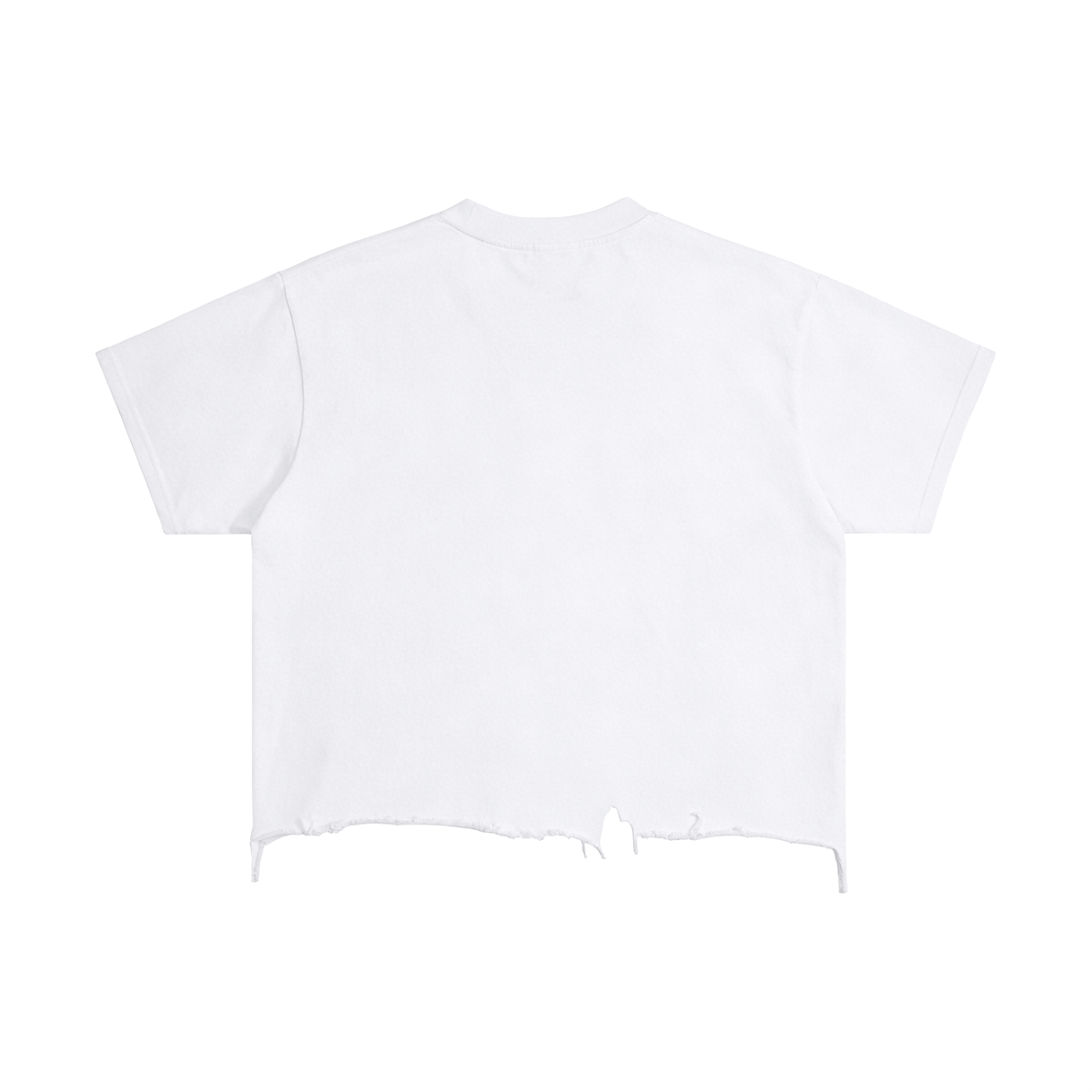 White vintage wash boxy t-shirt with a distressed hem from FETISHISTO shown from the back