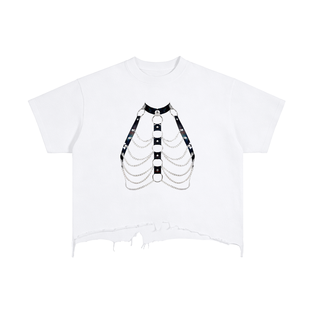 FETISHISTO vintage wash boxy t-shirt in white with black harness print and chain details