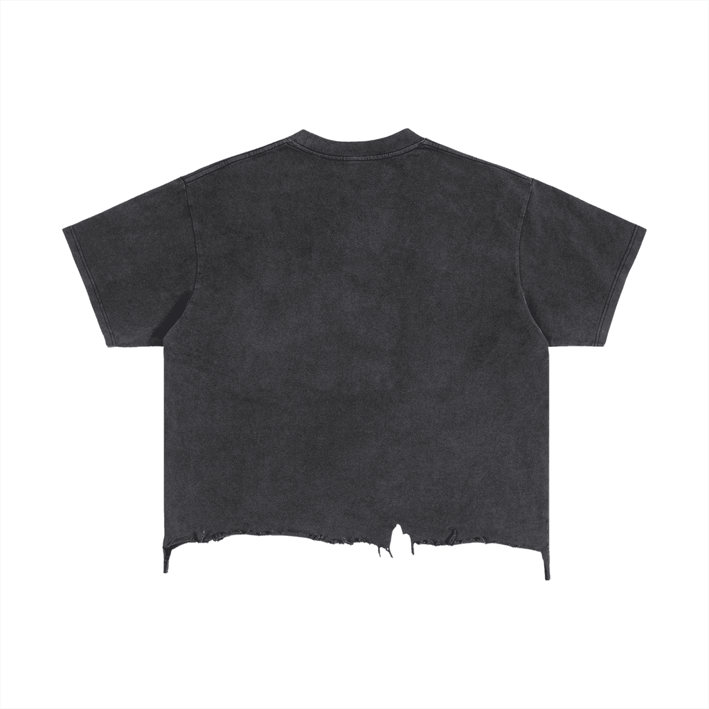 FETISHISTO black vintage wash distressed t-shirt with short sleeves and frayed hem back view