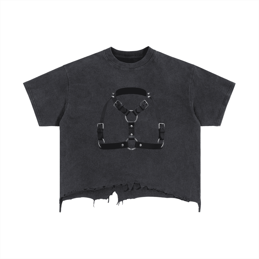 FETISHISTO vintage wash distressed t-shirt in black with harness graphic and frayed hem