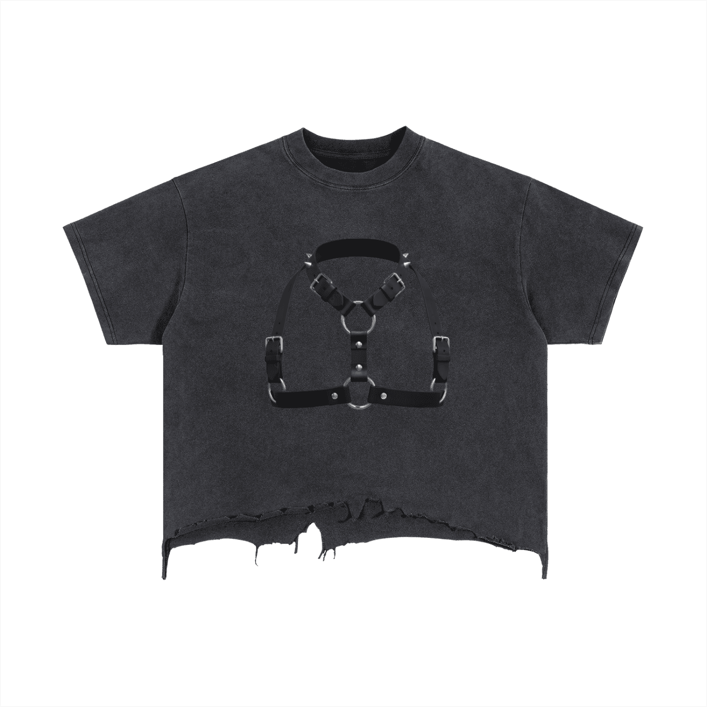 FETISHISTO vintage wash distressed t-shirt in black with harness graphic and frayed hem