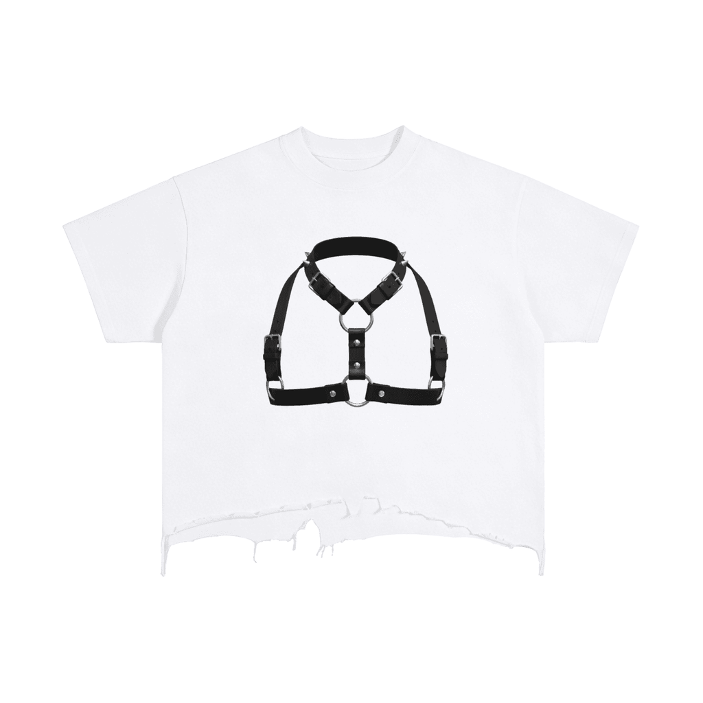 White vintage wash distressed t-shirt with black harness print and raw hem by FETISHISTO