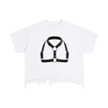 White vintage wash distressed t-shirt with black harness print and raw hem by FETISHISTO