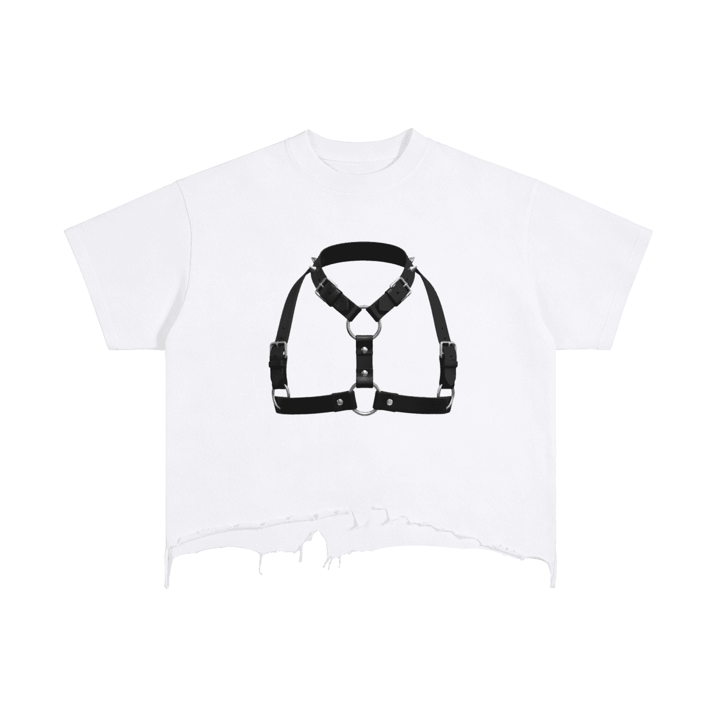 White vintage wash distressed t-shirt with black harness print and raw hem by FETISHISTO