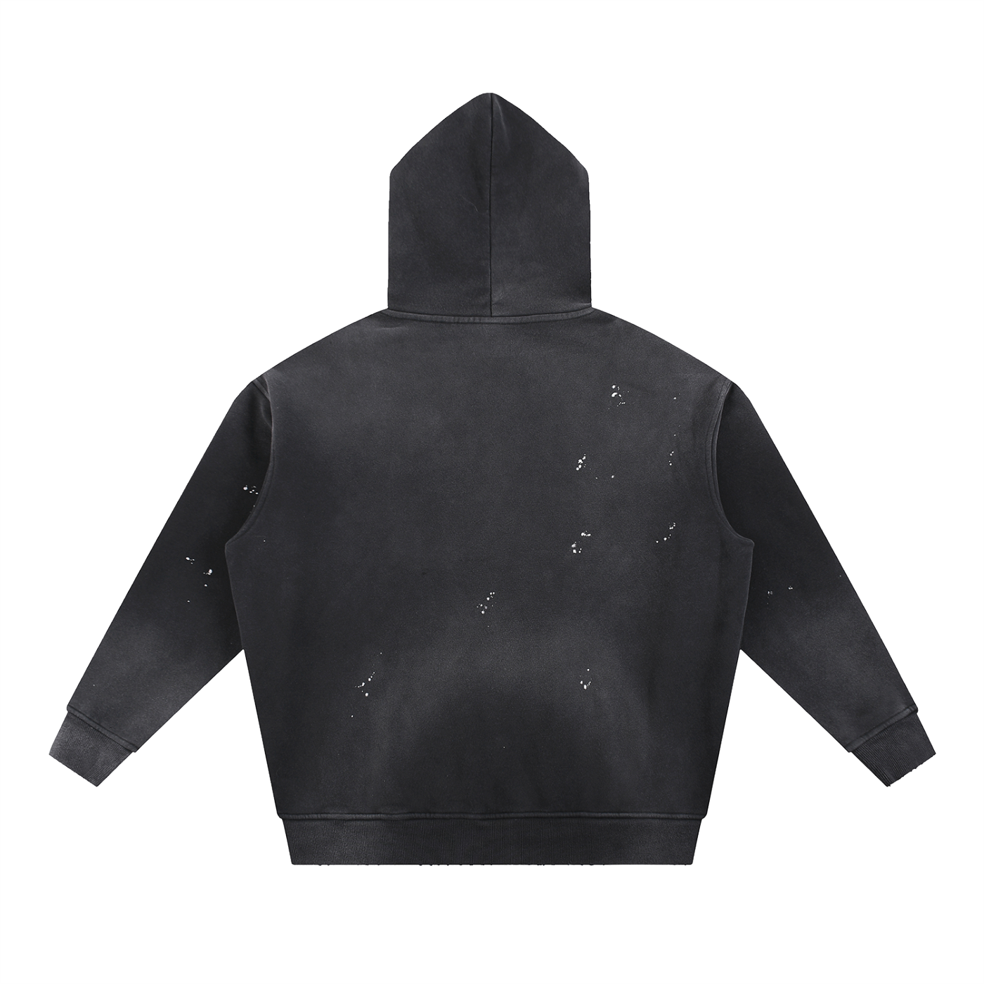 Back view of black vintage washed fleece hoodie with distressed details by ODMPOD