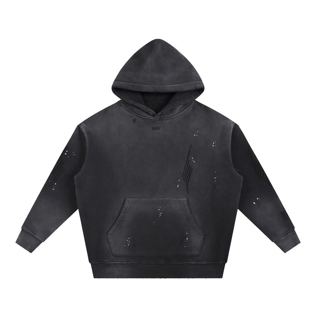 ODMPOD black vintage washed fleece hoodie with distressed detailing and front pouch pocket