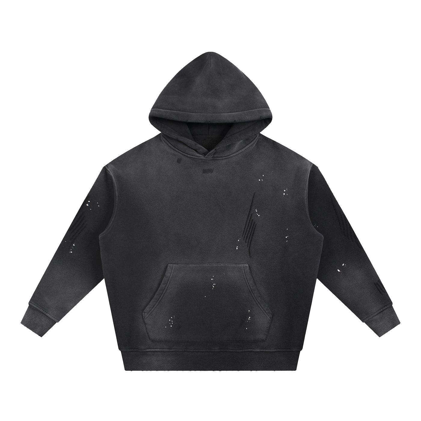 ODMPOD black vintage washed fleece hoodie with distressed detailing and front pouch pocket