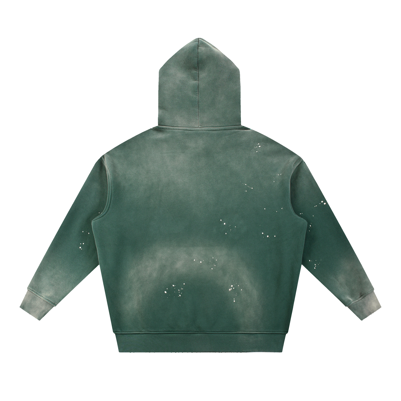 Back view of ODMPOD vintage washed fleece hoodie in green with distressed paint splatter design