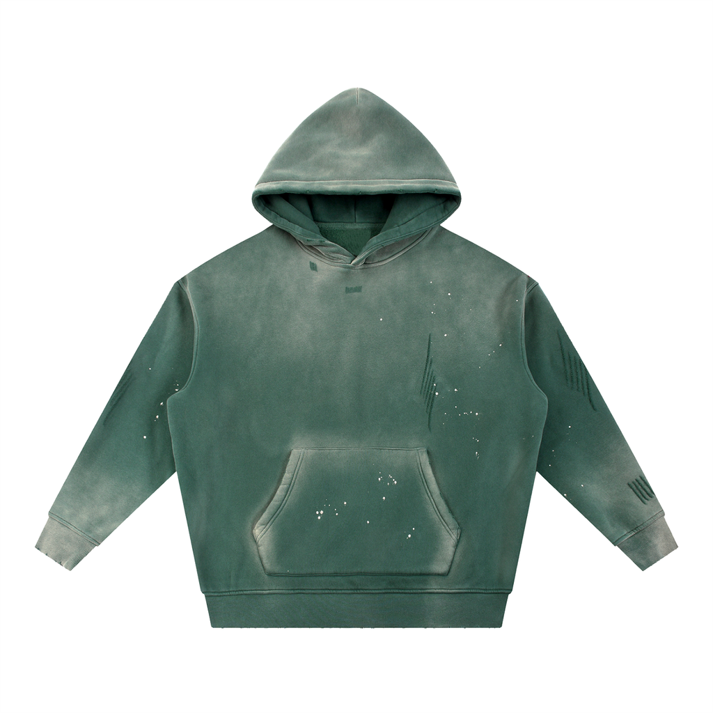 ODMPOD vintage washed fleece hoodie in faded green with distressed details and front kangaroo pocket