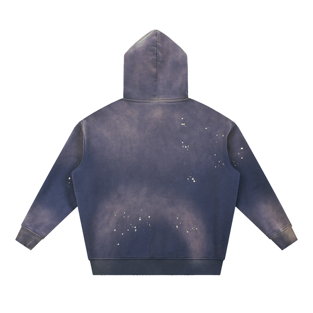 ODMPOD vintage washed fleece hoodie in faded navy blue with paint splatter design on back
