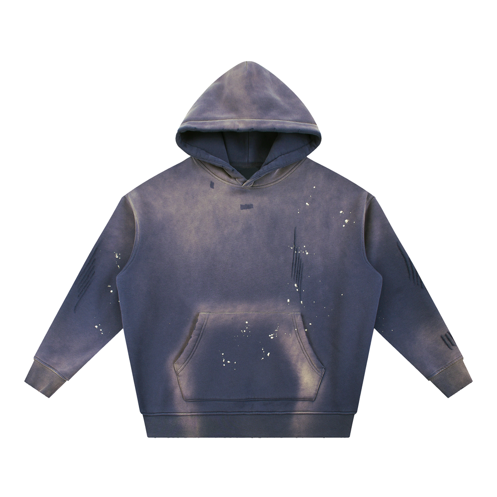 ODMPOD vintage washed fleece hoodie in dark blue with distressed paint splatter design