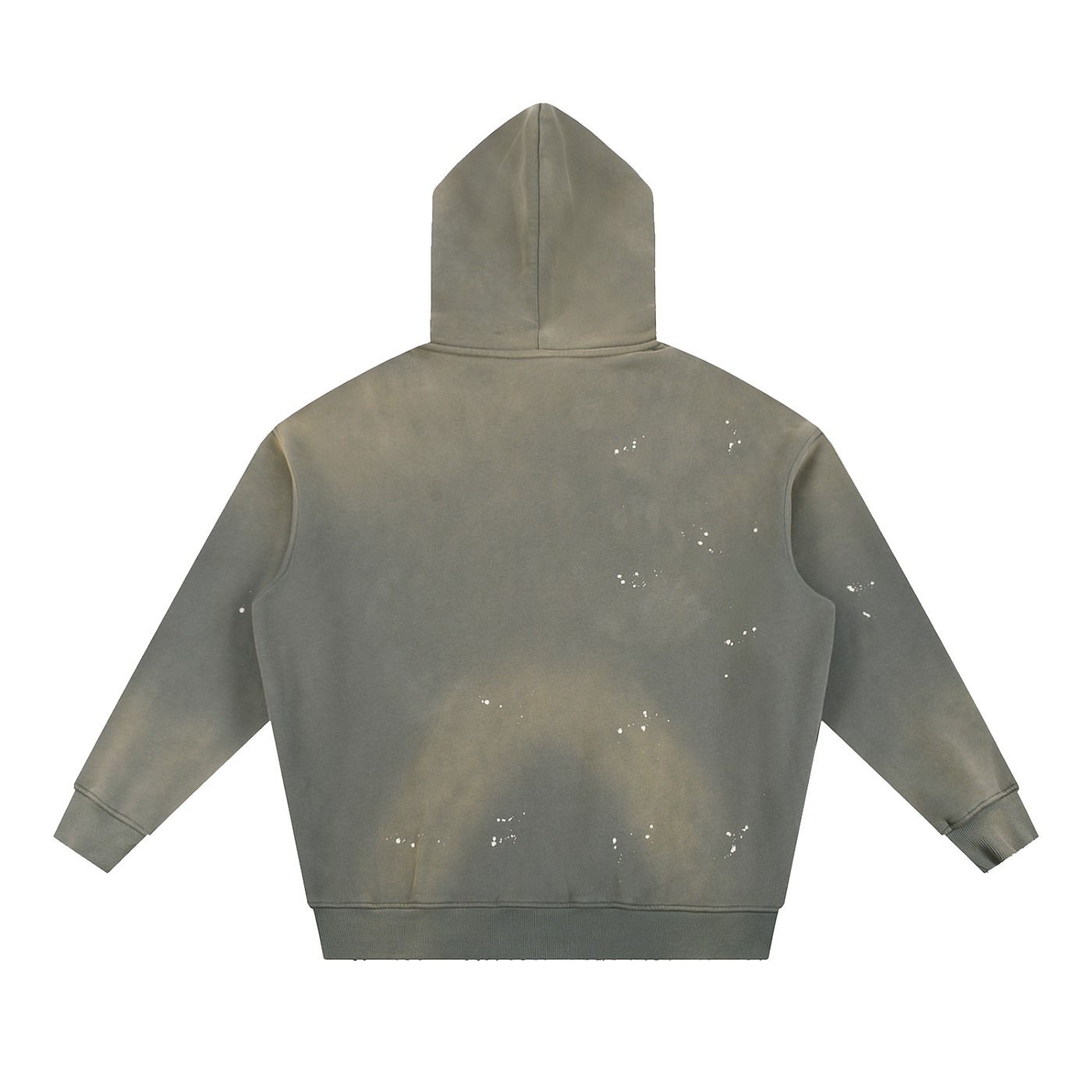Back view of ODMPOD vintage washed fleece hoodie with distressed spots in faded gray color