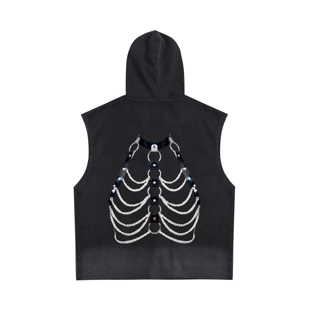 FETISHISTO black vintage washed hooded tank top with a unique skeleton chain design on the back