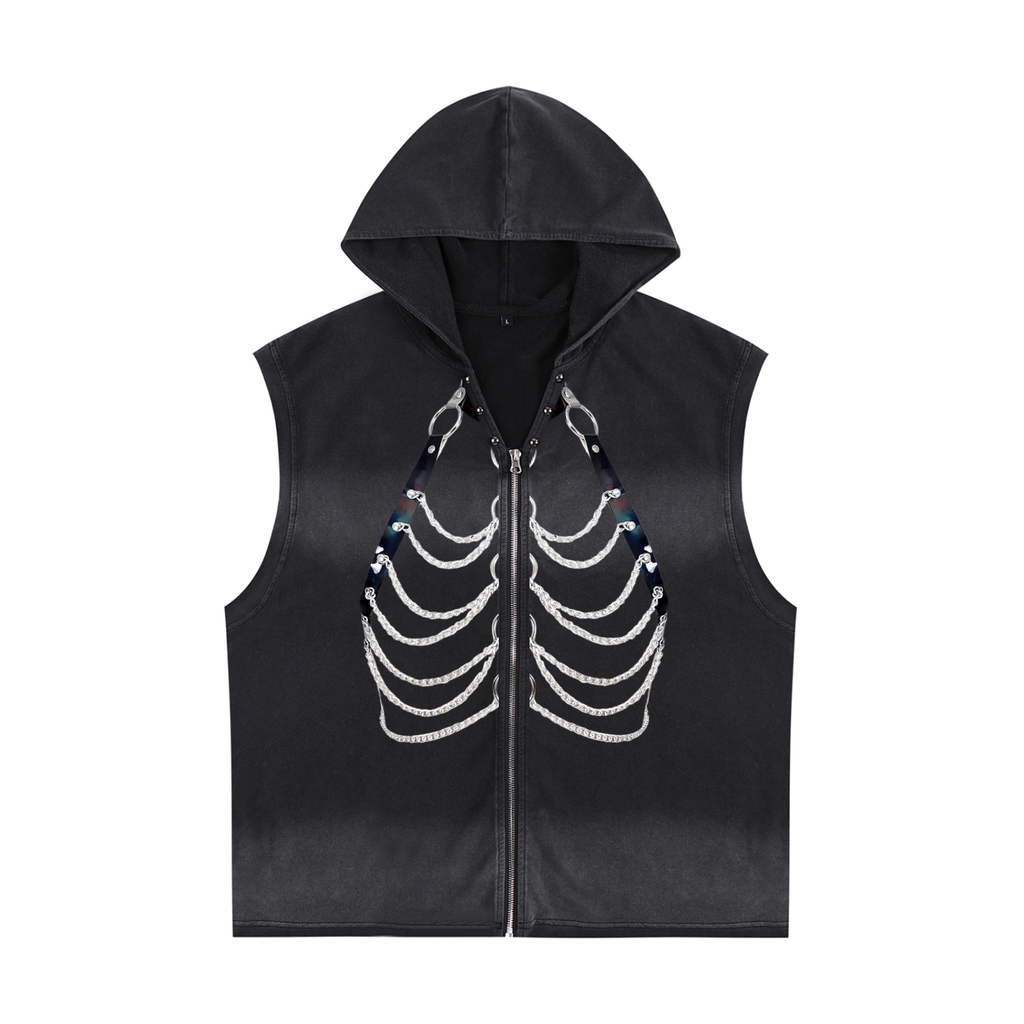FETISHISTO black vintage washed hooded tank top with skeleton chain design and zipper front