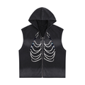 FETISHISTO vintage washed hooded tank top in black with skeleton chain graphic and front zipper