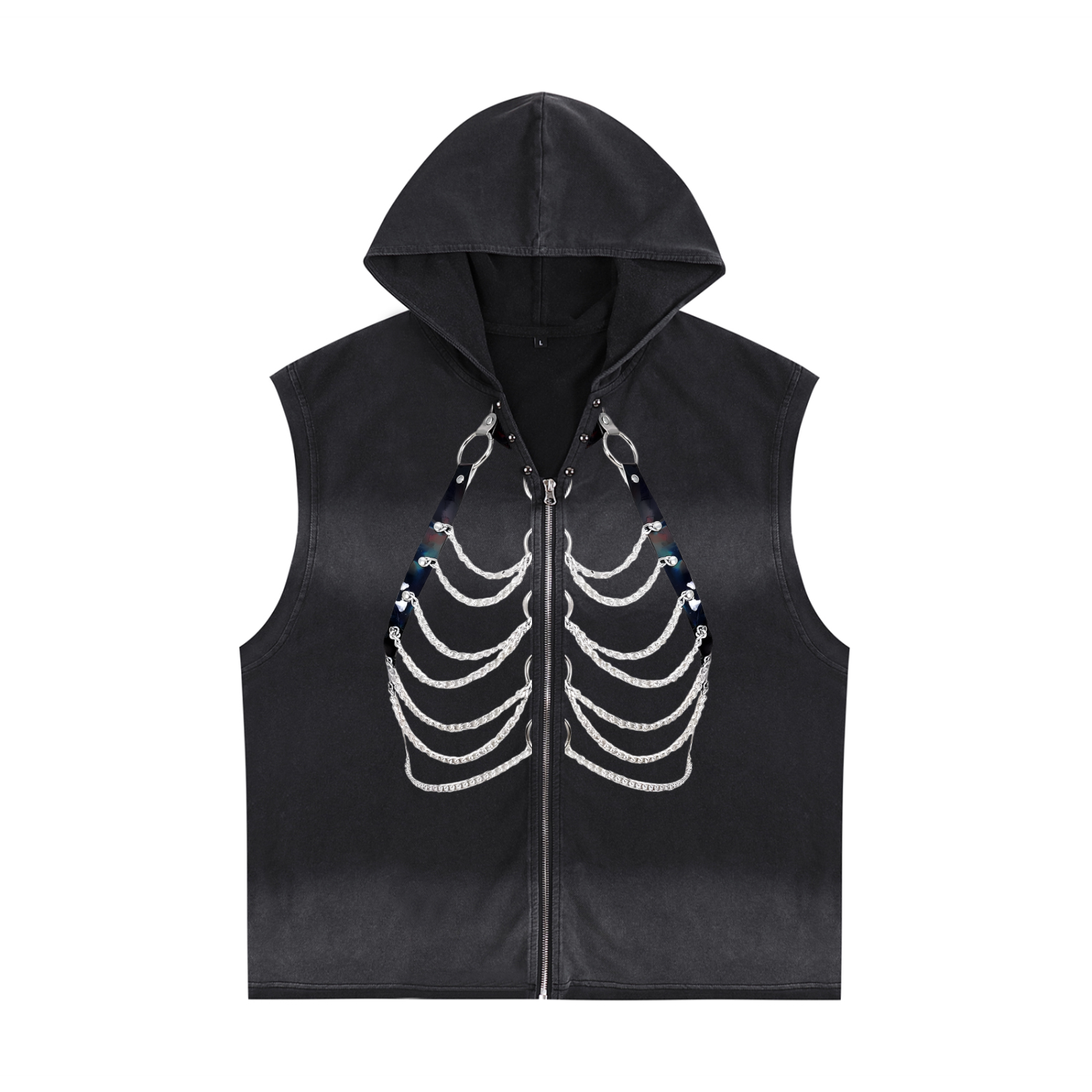 FETISHISTO vintage washed hooded tank top in black with skeleton chain graphic and front zipper