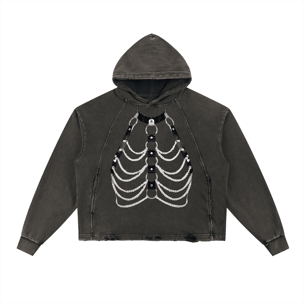 FETISHISTO vintage washed hoodie in dark gray with printed skeleton rib cage design on front