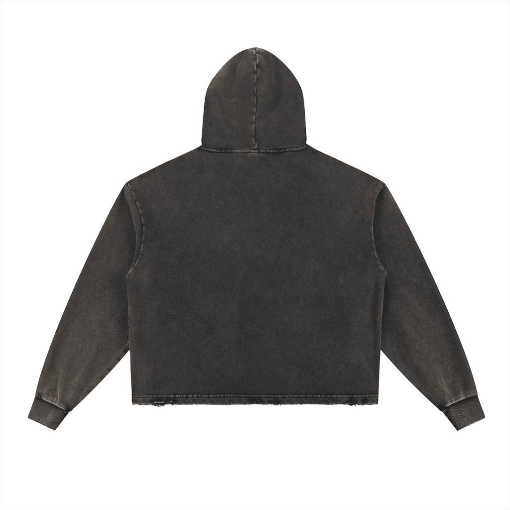 FETISHISTO vintage washed hoodie in faded black shown from back with hood and long sleeves