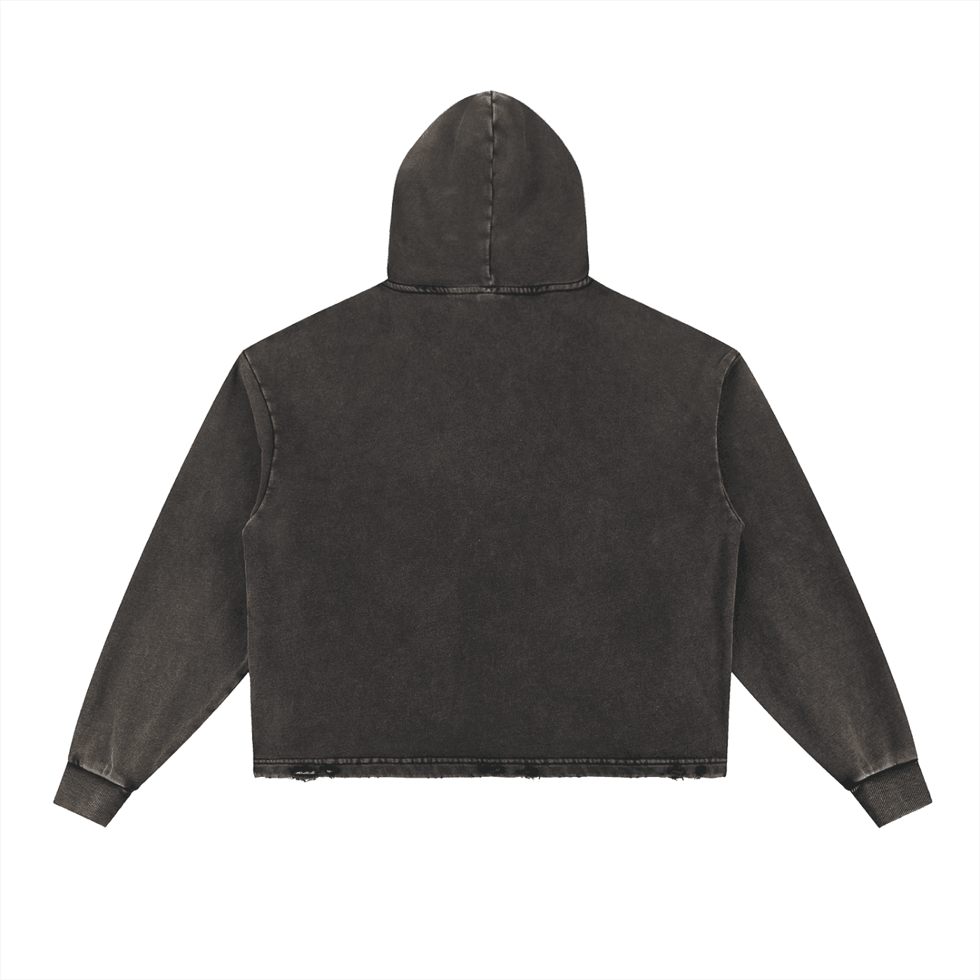 FETISHISTO vintage washed hoodie in faded black shown from back with hood and long sleeves