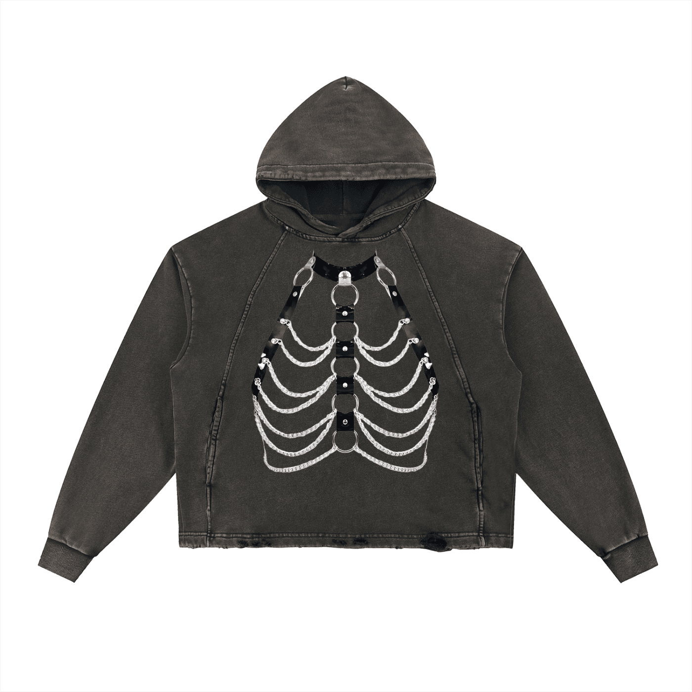 FETISHISTO vintage washed hoodie in black with skeleton ribcage design and distressed detailing