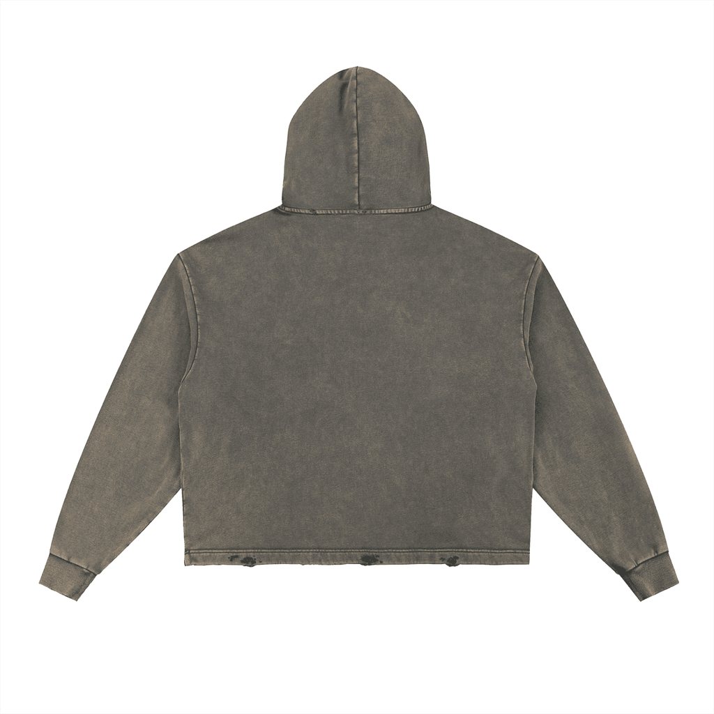 FETISHISTO vintage washed hoodie in faded dark gray shown from the back with hood and long sleeves