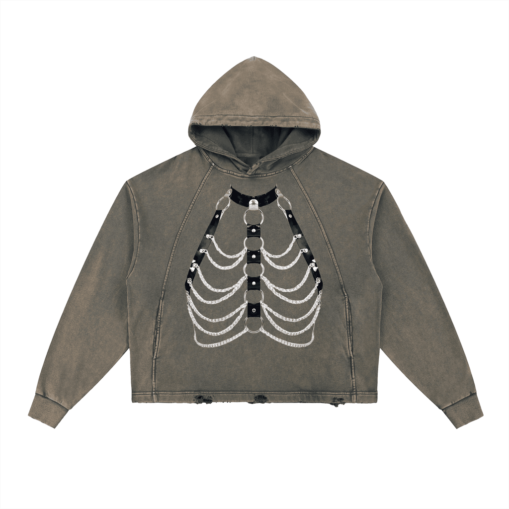 FETISHISTO vintage washed hoodie in faded brown with skeleton rib cage graphic on front