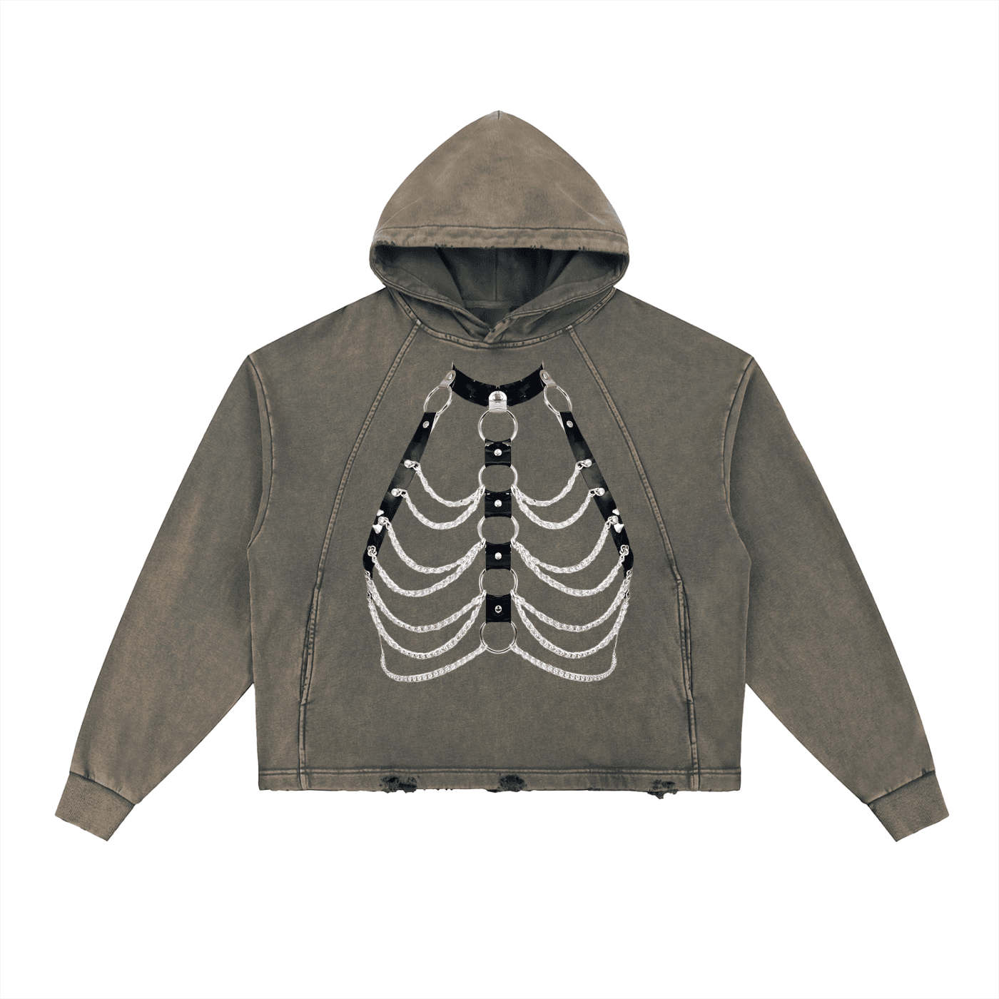 FETISHISTO vintage washed hoodie in faded brown with skeleton rib cage graphic on front