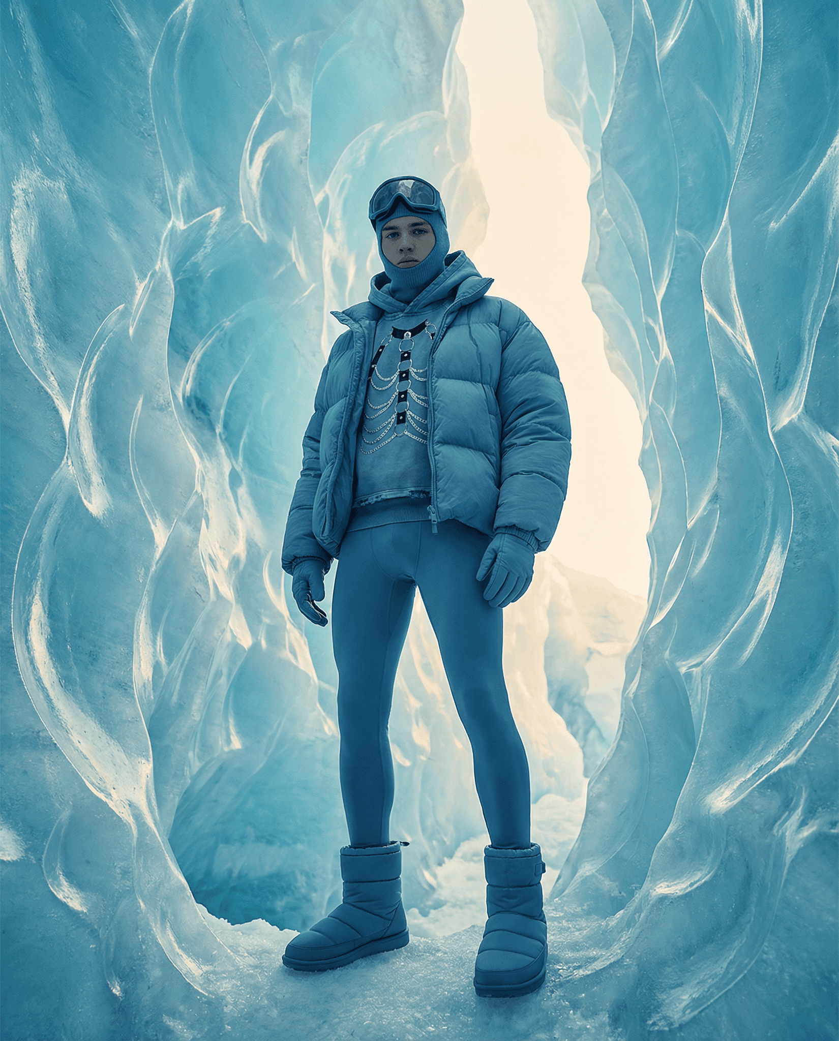 Model wearing FETISHISTO vintage washed hoodie styled with a puffer jacket and winter boots in icy cave