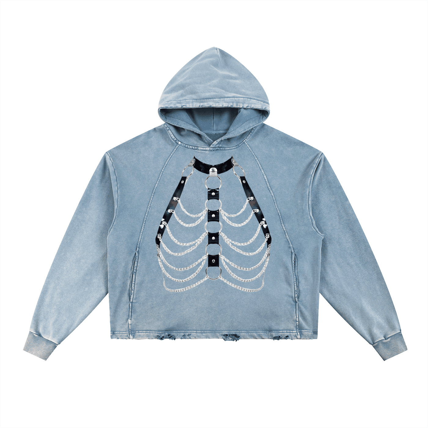 FETISHISTO vintage washed hoodie in faded blue with skeleton chain design on front