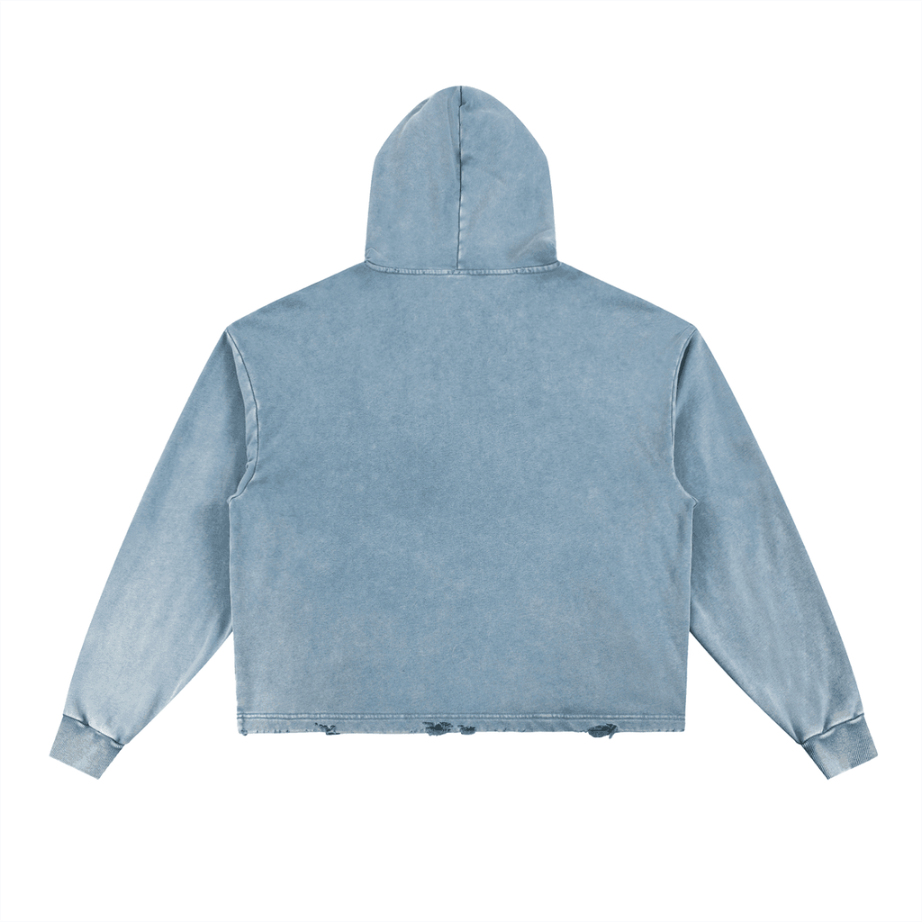 FETISHISTO vintage washed hoodie in faded blue shown from the back with hood and long sleeves