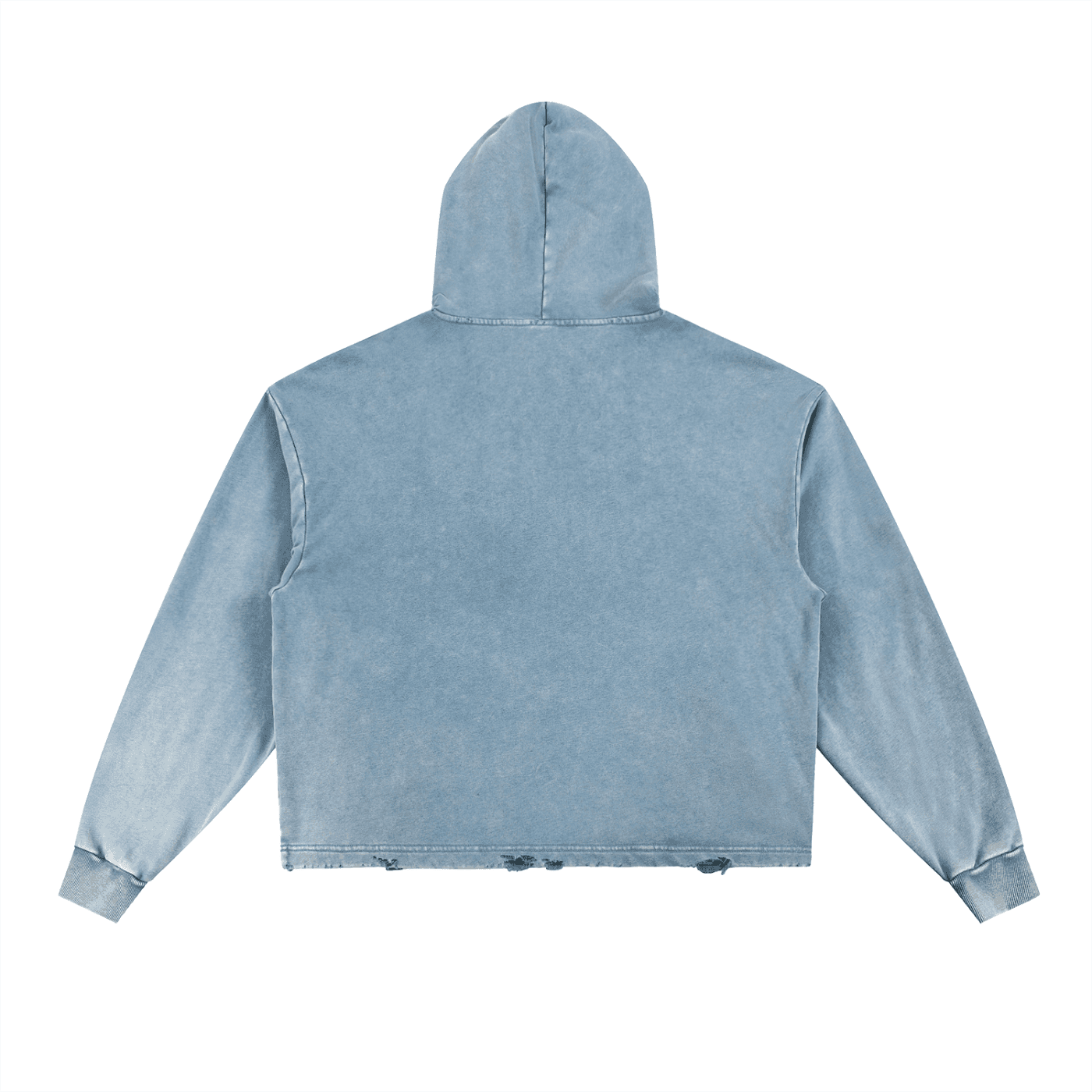 FETISHISTO vintage washed hoodie in faded blue shown from the back with hood and long sleeves