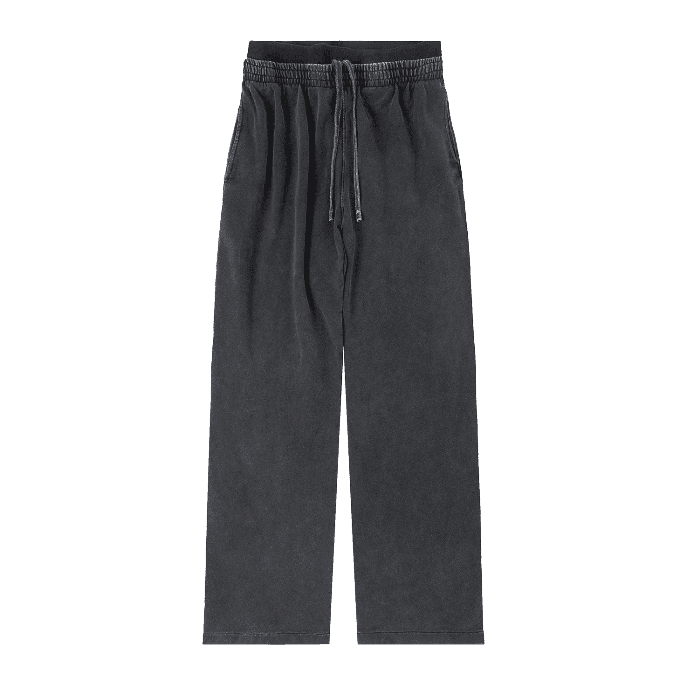 FETISHISTO vintage washed waist pants in dark gray with elastic drawstring waistband and relaxed fit