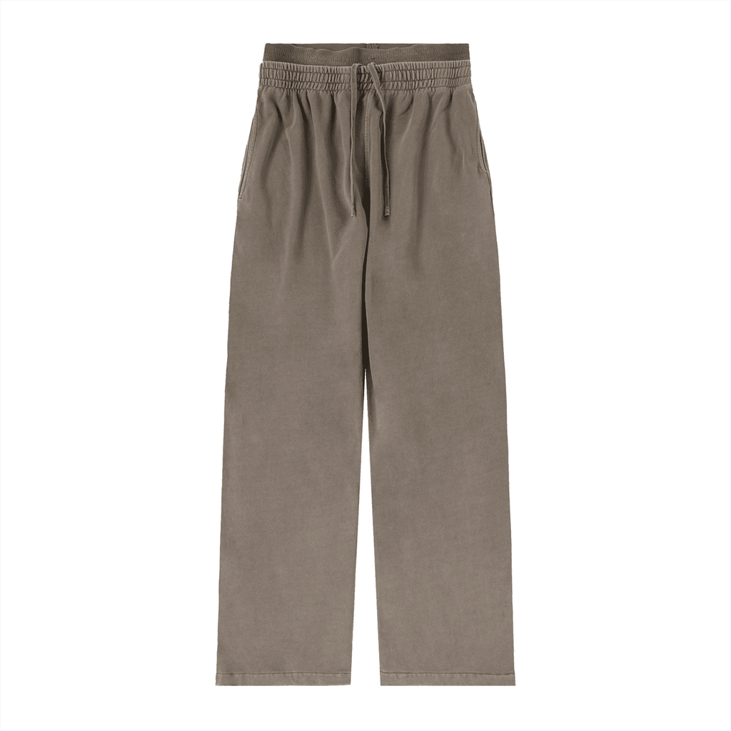 FETISHISTO vintage washed waist pants in brown with elastic waistband and drawstring closure