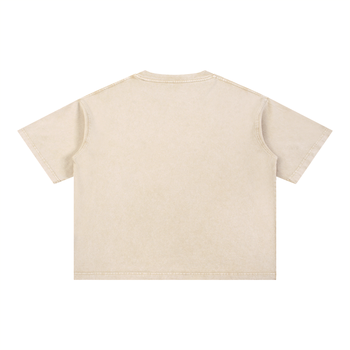 FETISHISTO beige mineral wash boxy t-shirt with short sleeves and crew neckline shown from back