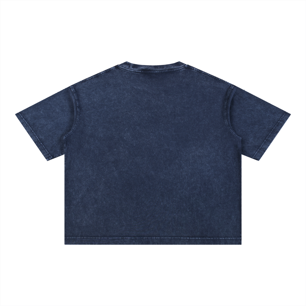 FETISHISTO navy blue mineral wash boxy t-shirt laid flat showing back side with short sleeves
