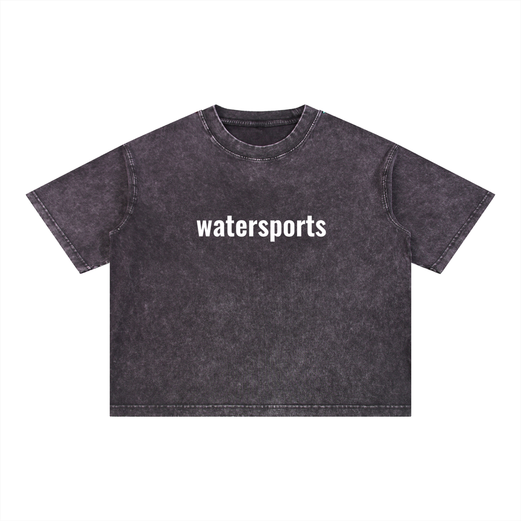 FETISHISTO mineral wash boxy t-shirt in black with watersports graphic and short sleeves