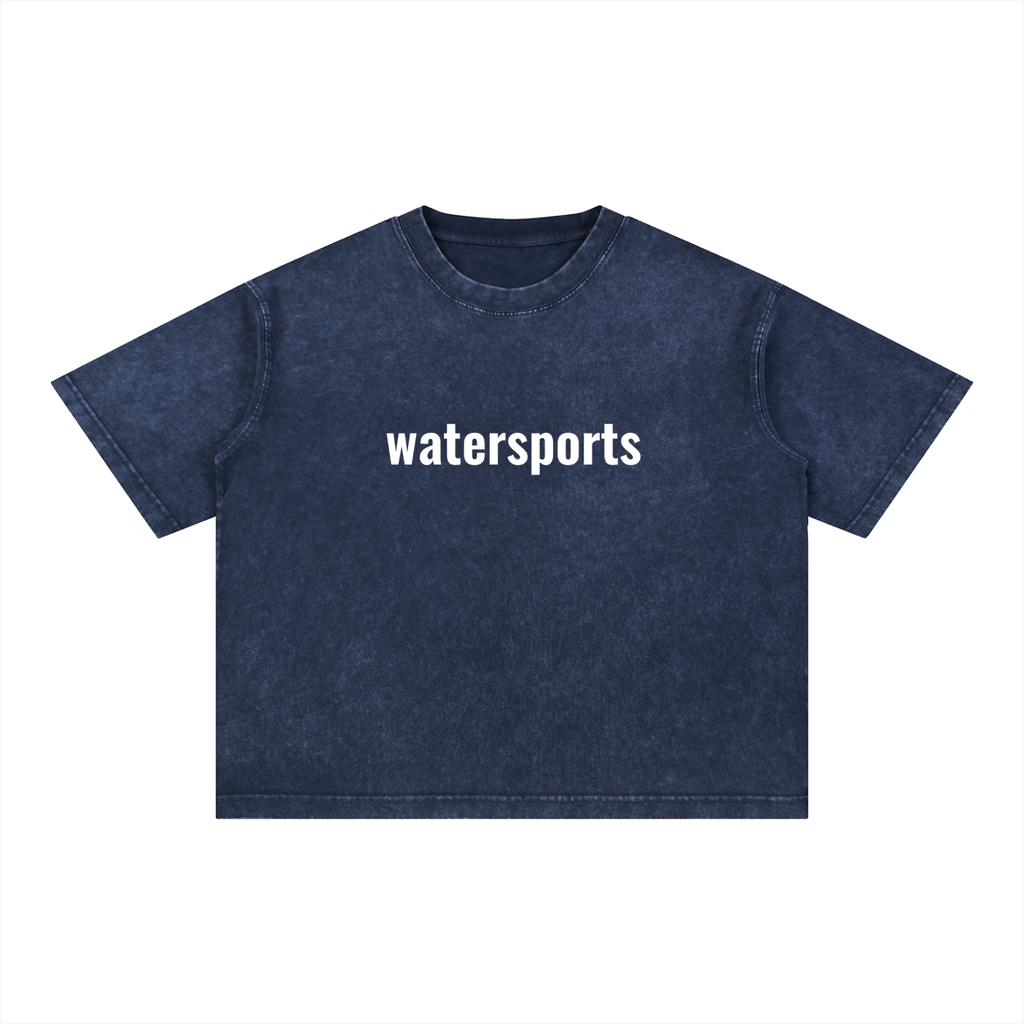 FETISHISTO navy blue mineral wash boxy t-shirt with watersports text on front