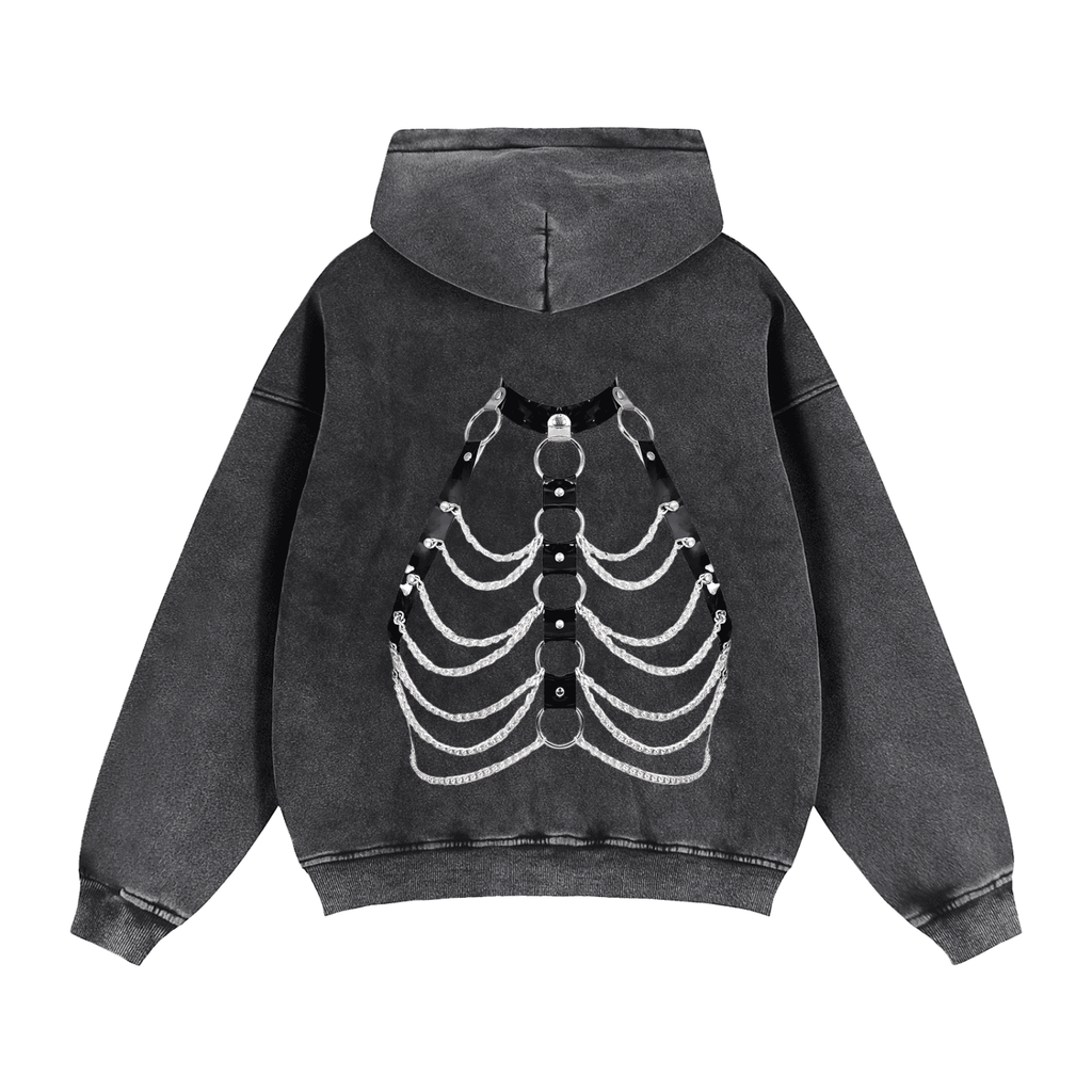FETISHISTO zip through boxy fleece hoodie in black with ribcage design on the back and a hood