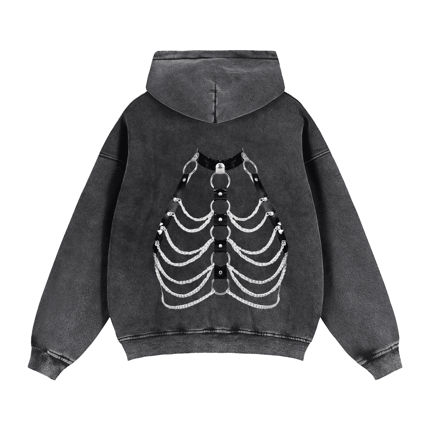 FETISHISTO zip through boxy fleece hoodie in black with ribcage design on the back and a hood